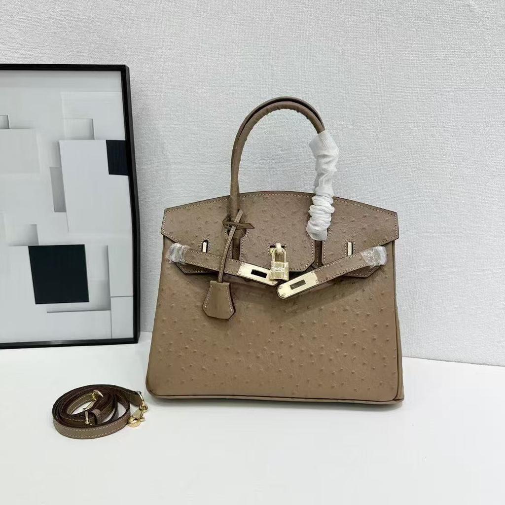 Cross-border Special Ostrich Pattern Platinum Bag First Layer Cowhide Foreign Trade Shoulder Portable Messenger Bag Large Capacity Fashion You Woman