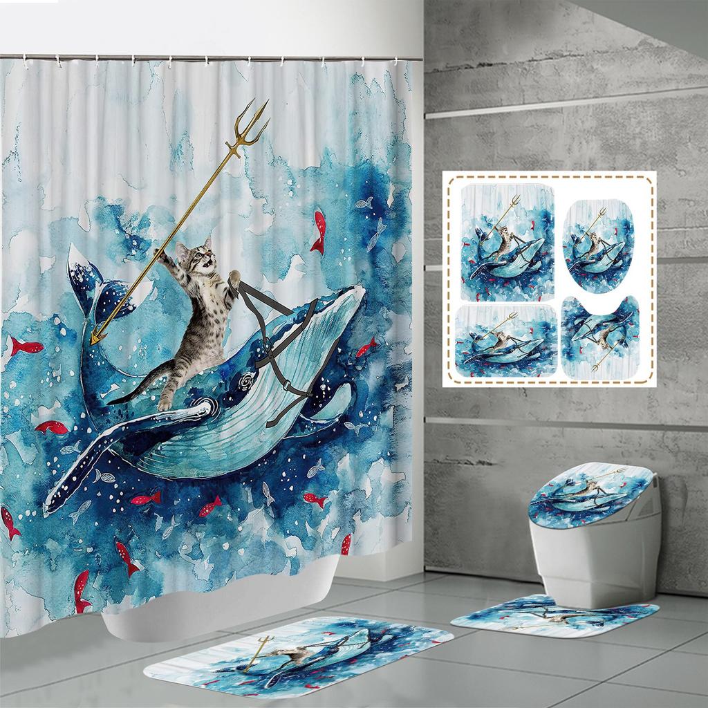 Shower Curtain Four-Piece 3D Digital Printing Shower Curtain Underwater Animal Bathroom Partition Shower Curtain