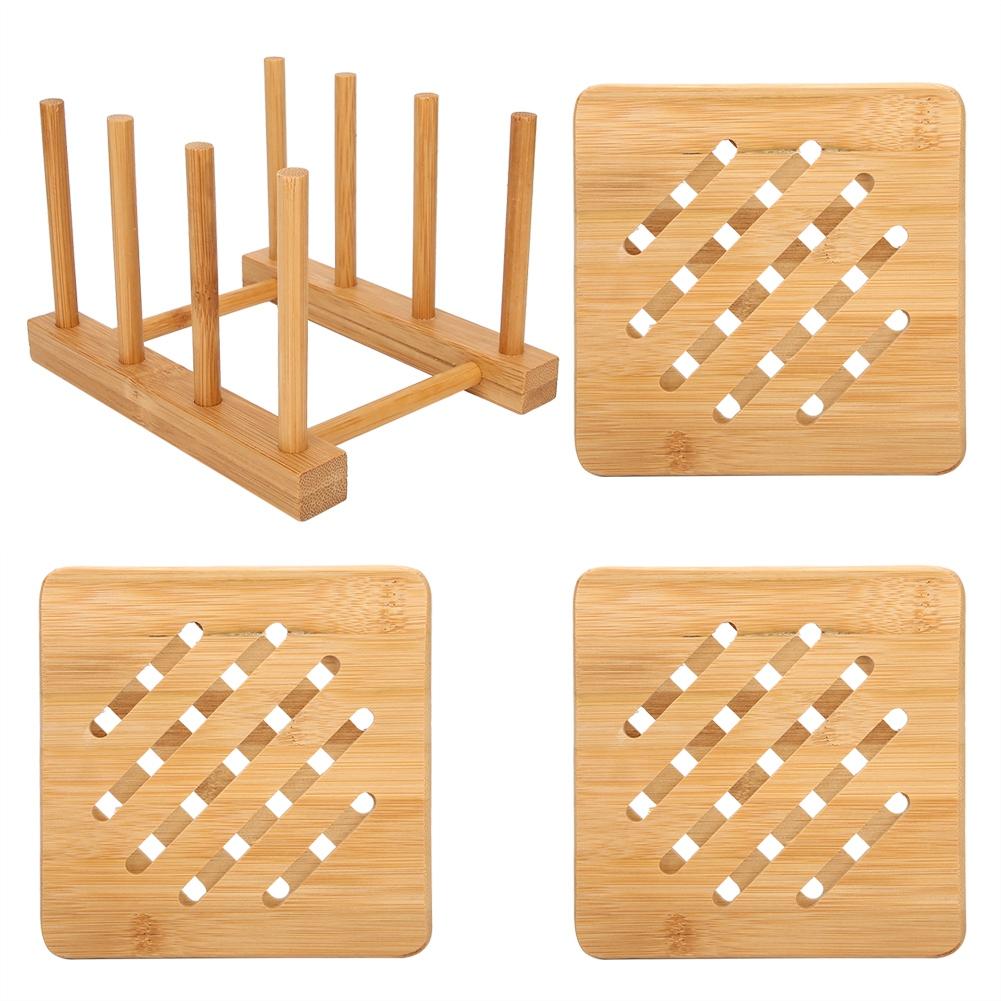 Bamboo Multifunctional Bowl Dish Draining Rack with Table Mat Insulation Pad Kit Kitchen Tool