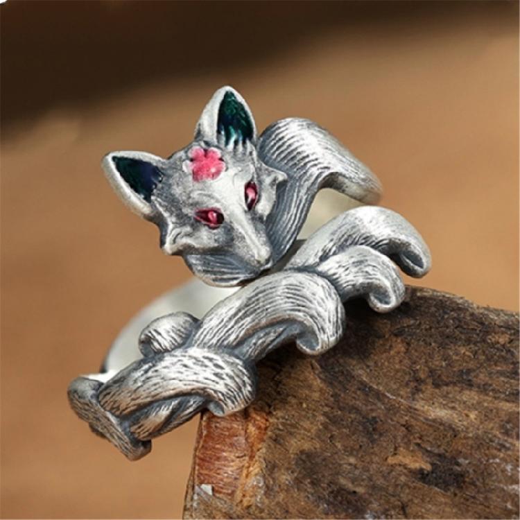 Handcrafted Nine Tail Foxes Peach Ring Open Adjustable Band Allergy resistant Alloy Jewelry Antique Style Foxes Ring