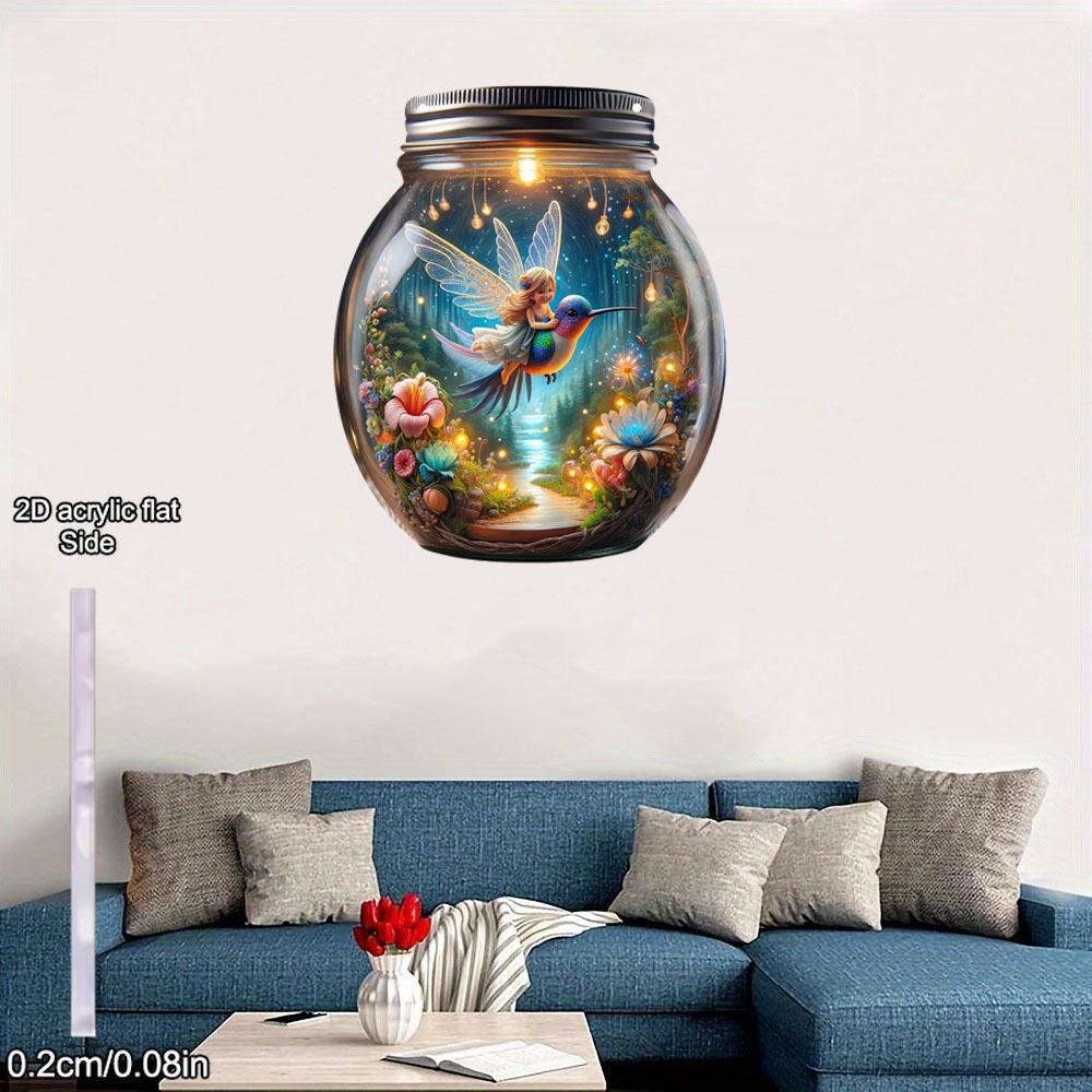 2D Flat Acrylic Mason Jar Hangings Decor, Plants Flowers, Fairy, Hummingbird, Mason Vase Painted Outdoor Decor Living Room Wall Window Pendant
