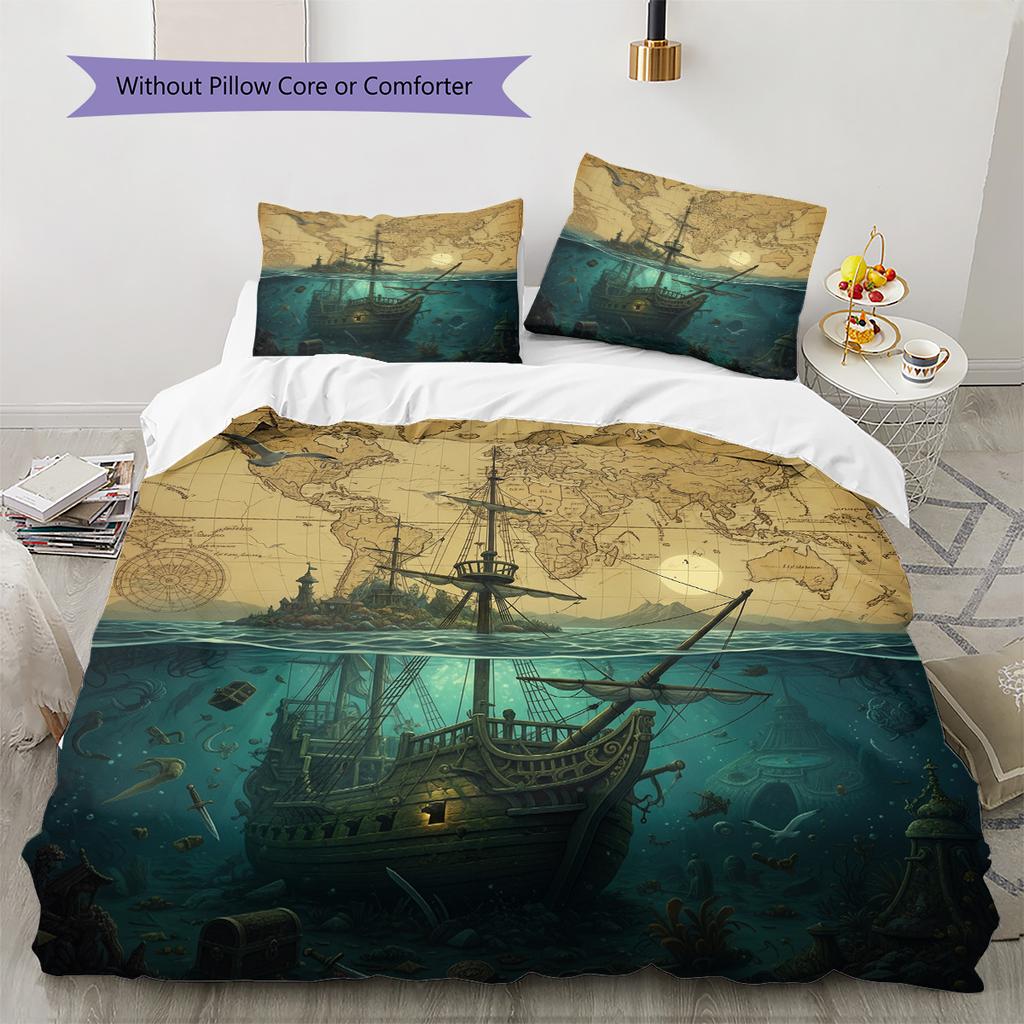 Map Ocean Architecture Pattern Bedding Quilt Set Home Decoration Gift (1 * duvet cover + 2 * pillowcase without core)