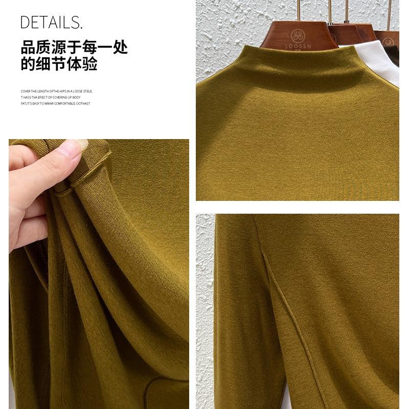 Semi-turtleneck T-shirt Women's Long-sleeved Spring and Summer New Clothes with Lines Underneath, Black Top Women