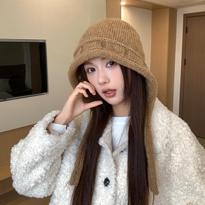 Knitted Balaclava Hat Women's Winter Lace-Up Warm Ear Protector Outdoor Riding Versatile Cold-proof Wool Hat
