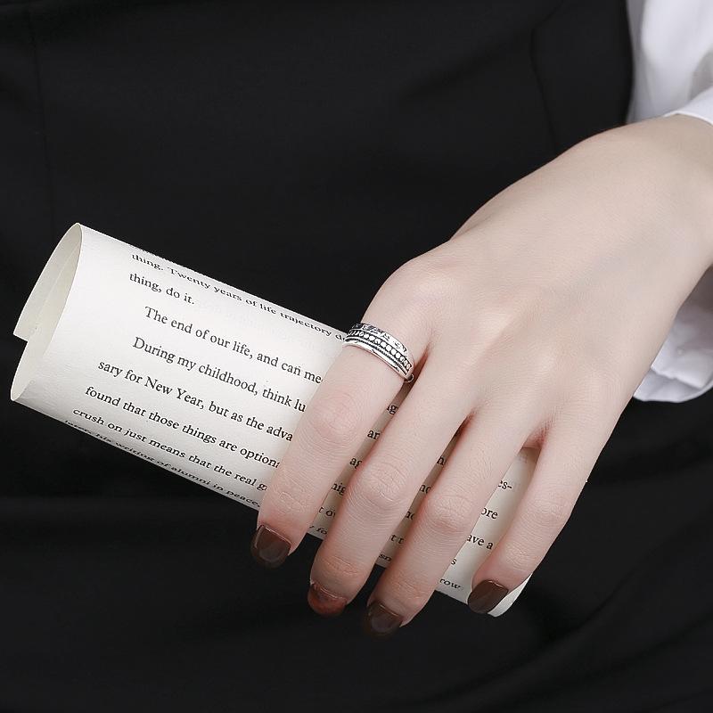 CaiYi S925 Sterling Silver Antiqued Six-Character Mantra Ring for Women, Stackable Index Finger Ring, Retro Chinese Style Lucky Jewelry