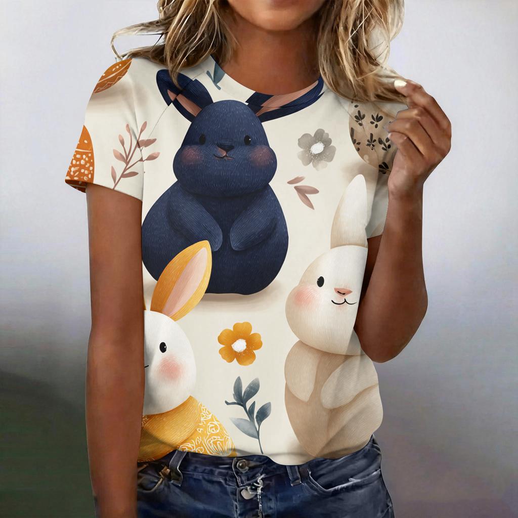 Women's Fashionable Casual Short-Sleeved Raglan Sleeve Easter Print T-Shirt Top