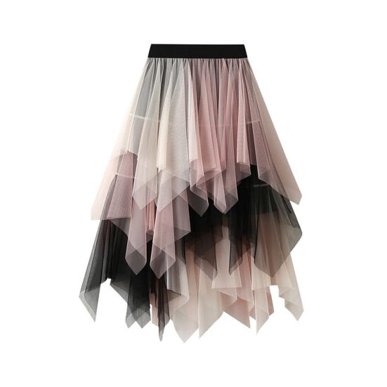 Damen Tüllrock Hohe Taille Faltenrock Asymmetrischer Damenrock Kontrastfarbe Unregelmäßiger Saumrock