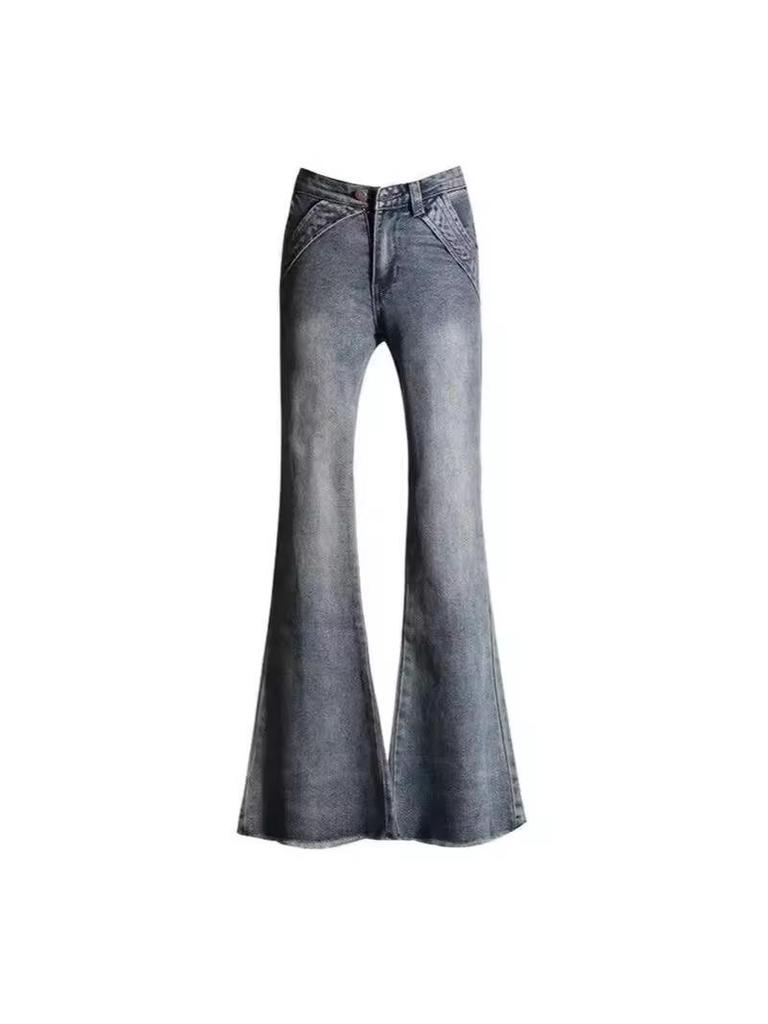 Distressed Vintage Low-Rise Micro-Flare Women's Jeans, Summer American Style, Raw Hem, Slimming Fit