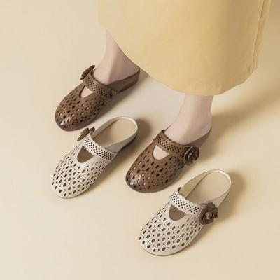 2026 Summer Women's Closed-Toe Floral Slippers: Retro Hollow Breathable Genuine Leather Sandals with Rubber Sole