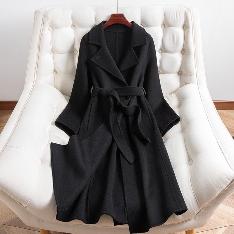 Palton lung de damă slim fit, 100% lână dublu-fațetată, la modă și versatil pentru toamnă și iarnă.