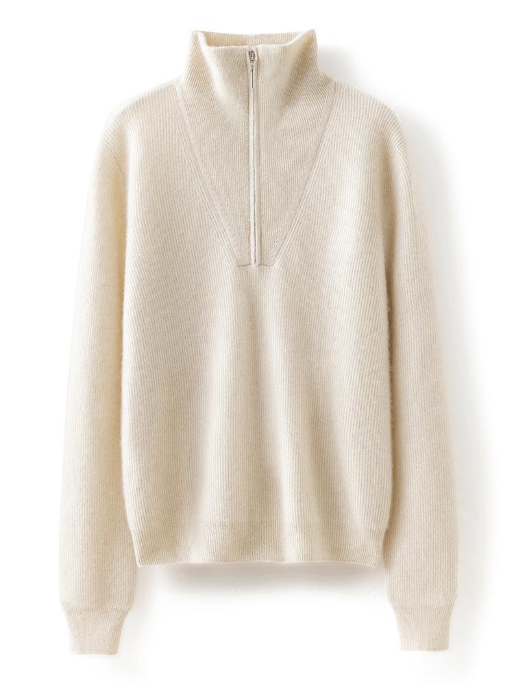 Women's Cashmere Bobble Stitch Half-High Collar Zipper Cardigan