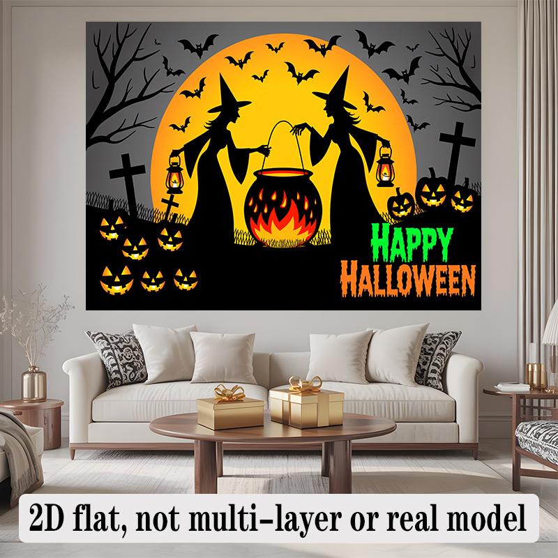 Party Backdrop Halloween Flat Witch Silhouette Pumpkin Lanterns Graveyard Winter Parties Celebration Photo Booth Front Door Decor