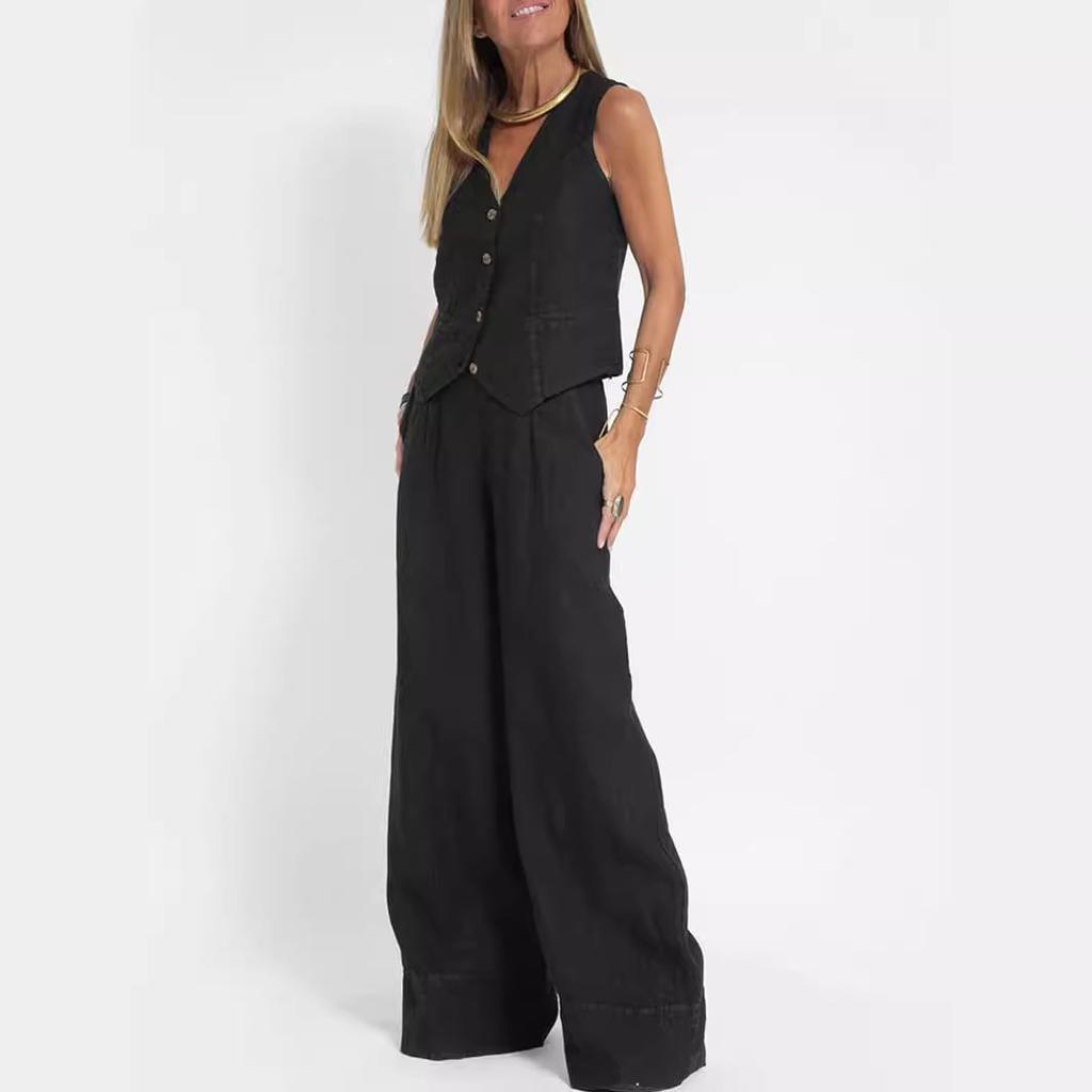 Completo in Lino da Donna - Completo 2 Pezzi Camicia Bottoni Scollo a V Senza Maniche Pantaloni Vita Alta Gamba Larga Set Coordinato