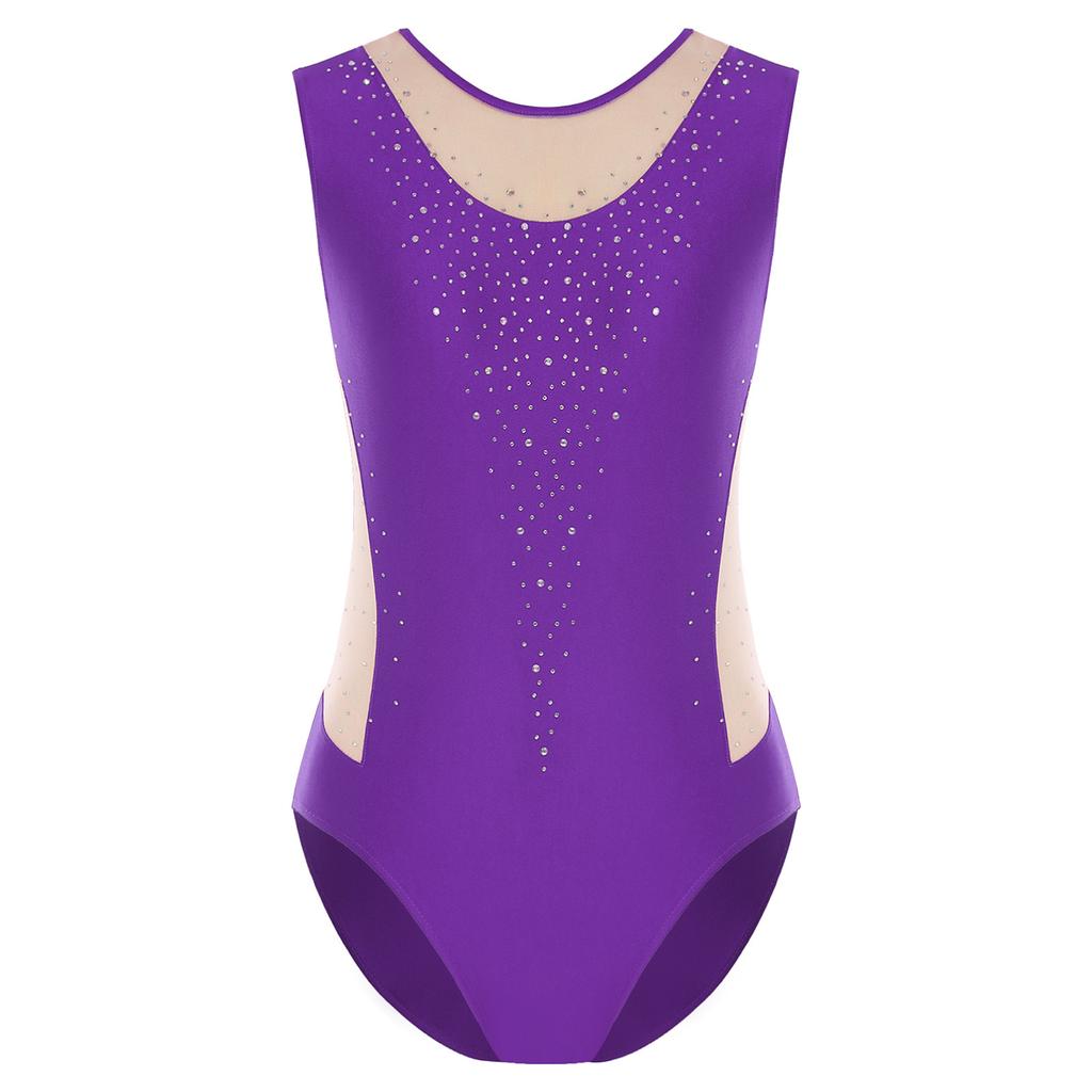 Womens Gymnastics Figure Skating Bodysuit Round Neck Sleeveless Shiny Rhinestone Mesh Patchwork Leotard Dance Jumpsuit