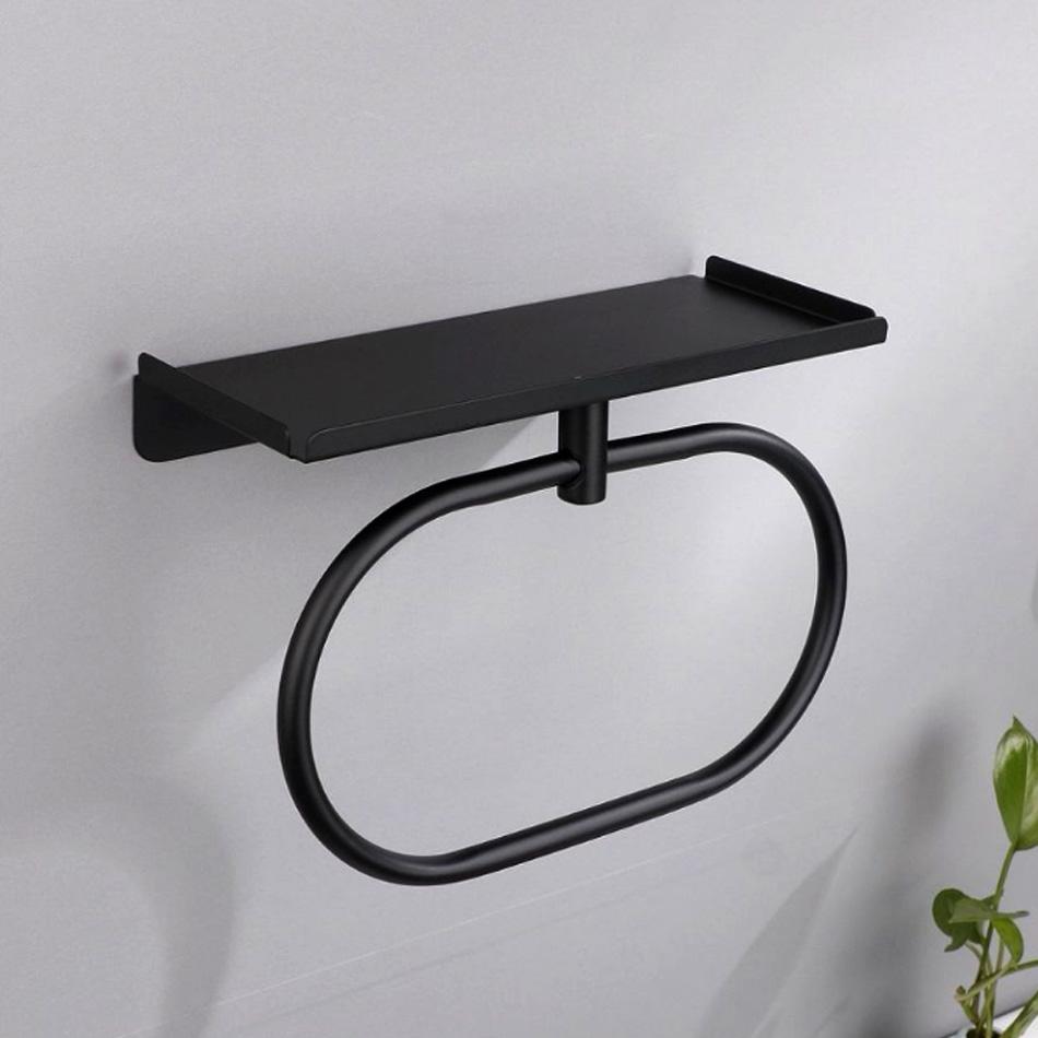 Bathroom Towel Ring with Shelf Stainless Steel Black Brushed Adhesive Wall Mounted Lavatory Oval Towel Holder Storage Hanger