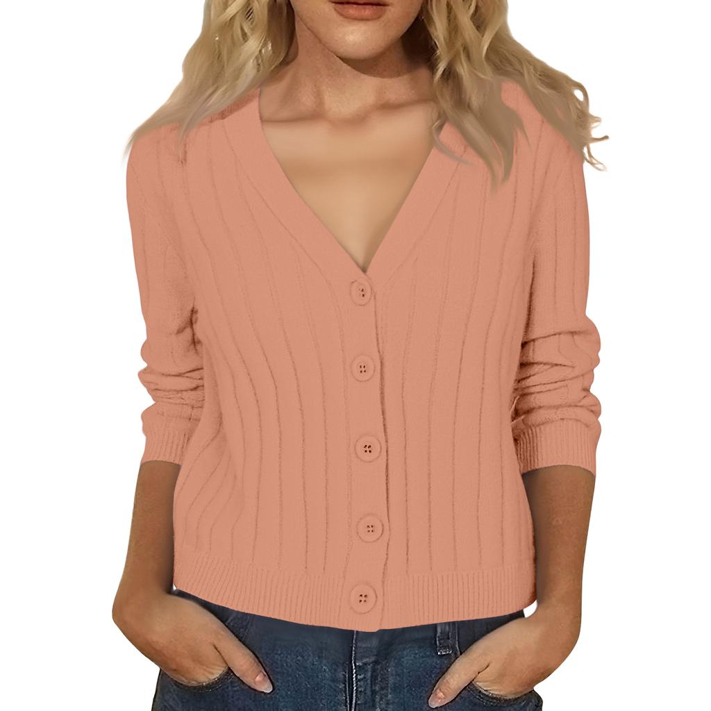 Women's Fashion Long-Sleeve V-Neck Lightweight Knit Sweater Solid Color Outerwear Top