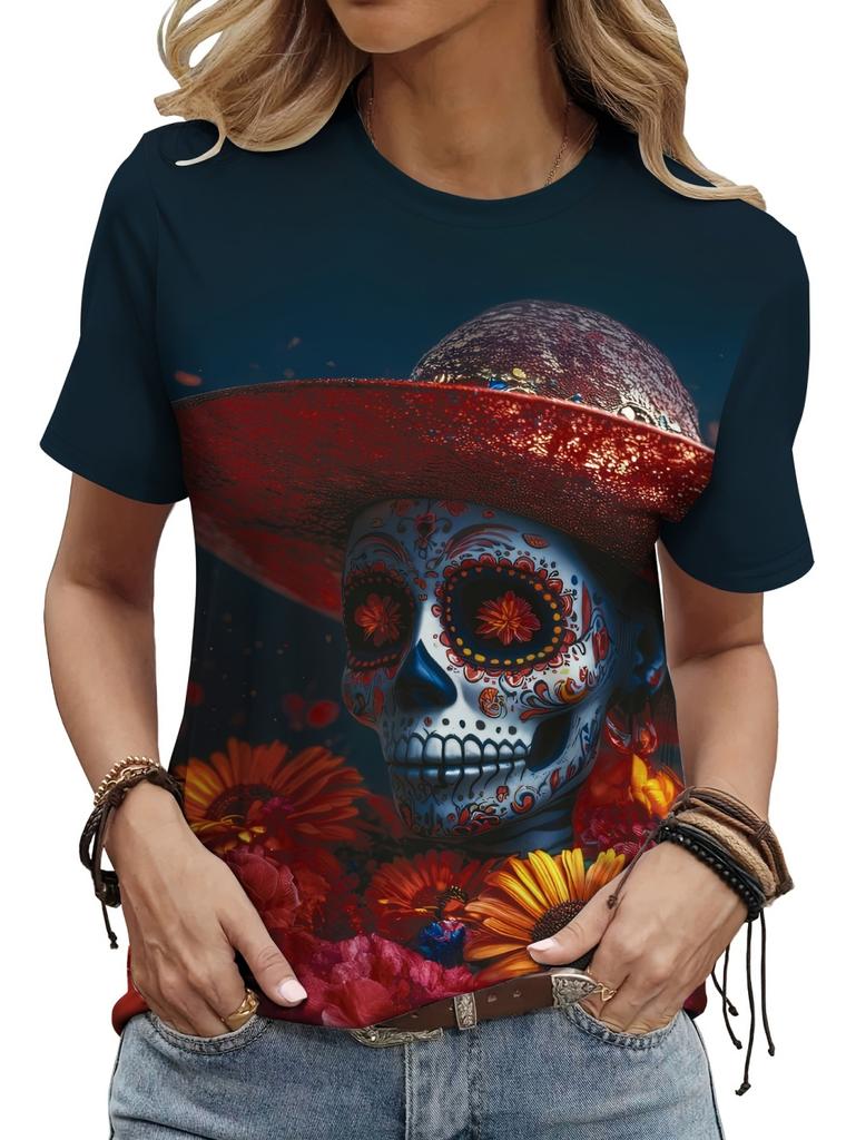 Summer Fashion Skull Flower 3D Printed Women's T-Shirt Casual Short Sleeve T-Shirts Graphics Tees Tops Loose Women's Clothing