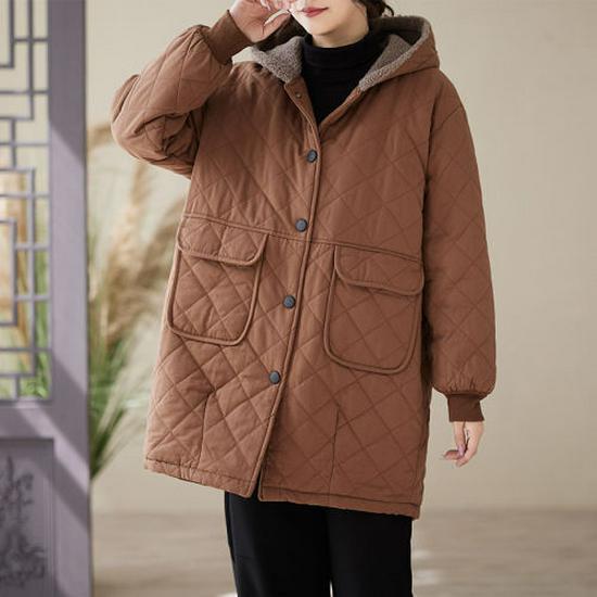 Women's Mid-Length Quilted Cotton Jacket with Hood – Warm Lambswool, Available in Orange-Red, Coffee-Green, Black