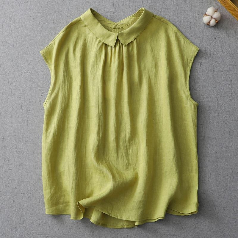 QICED Solid Color Doll Collar Cotton Linen Sleeveless Shirt Women's Summer Age Reduction Wear Both Sides of The Slimming Shirt Casual Linen Blouse