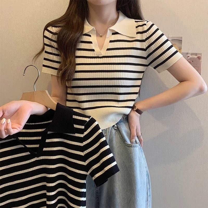 Women's 2025 Striped Ice Silk Knitted Polo Collar Short Sleeve Slim Top
