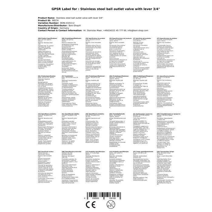 Robinet à Bille Inox 3/4" avec Levier