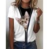 Summer women's cute cat 3D printed T-shirt women's fashionable round neck short sleeved T-shirt animal top T-shirt clothing