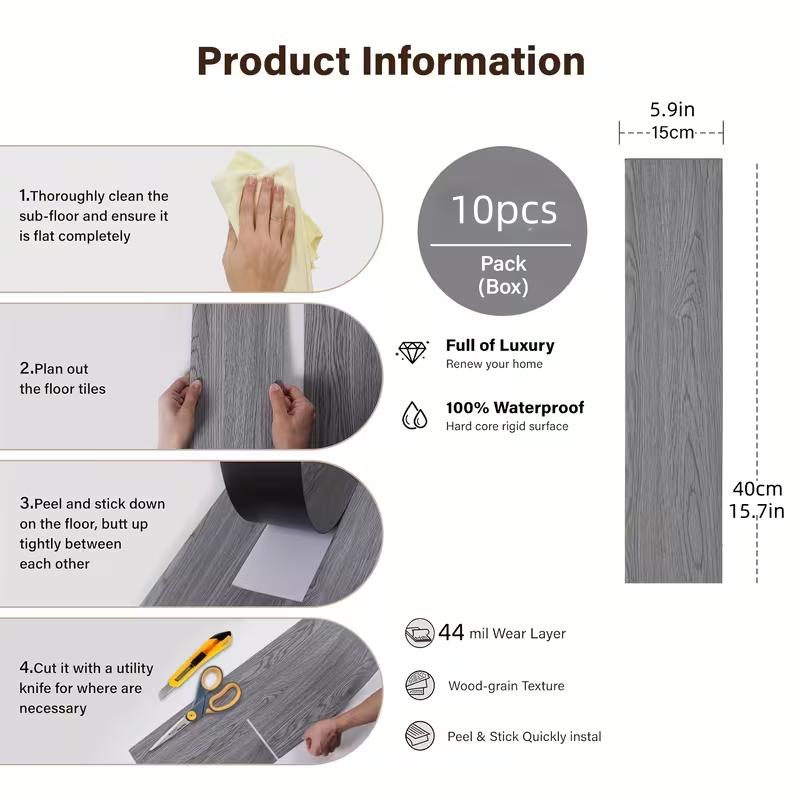 10Pcs 40x15cm PVC Floor Stickers Self-adhesive Stickers Waterproof Thickened Wood Grain Floor Stickers Stickers Living Room