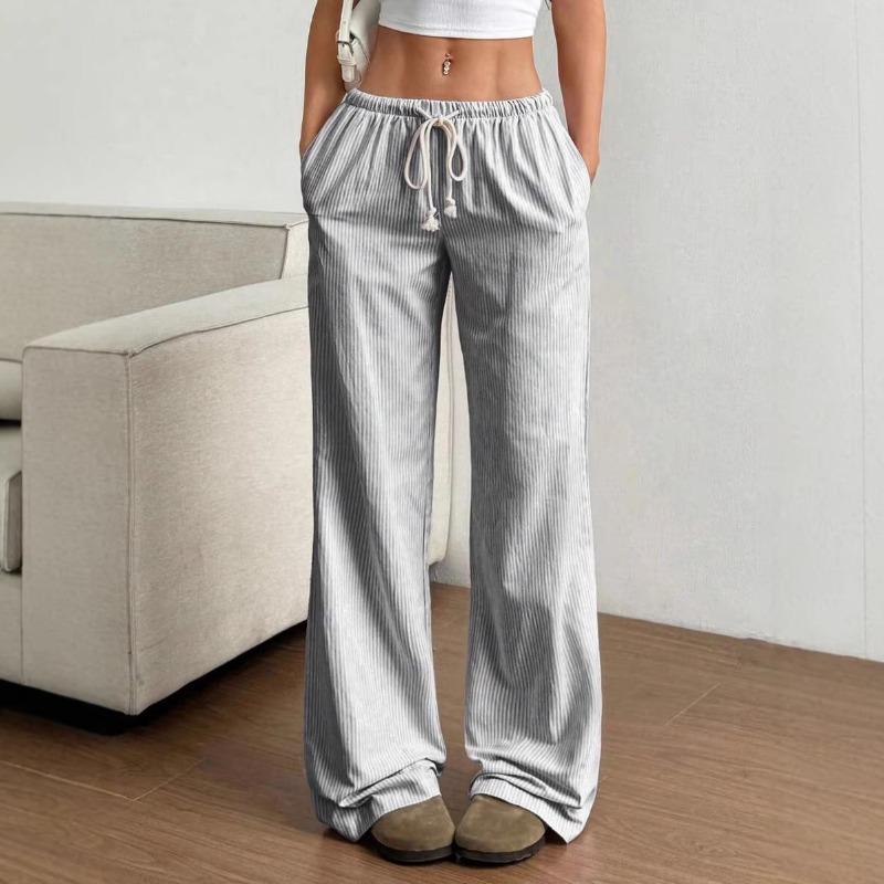 Damen Elastische Taille Gestreifte Weite Hosen Kordelzug Lässige Sommerhosen