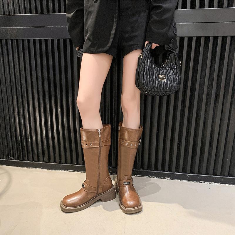 Thick-soled Brown Maillard Locomotive Boots Women's Shoes New Spring, Autumn and Winter Thin Medium and Long Boots