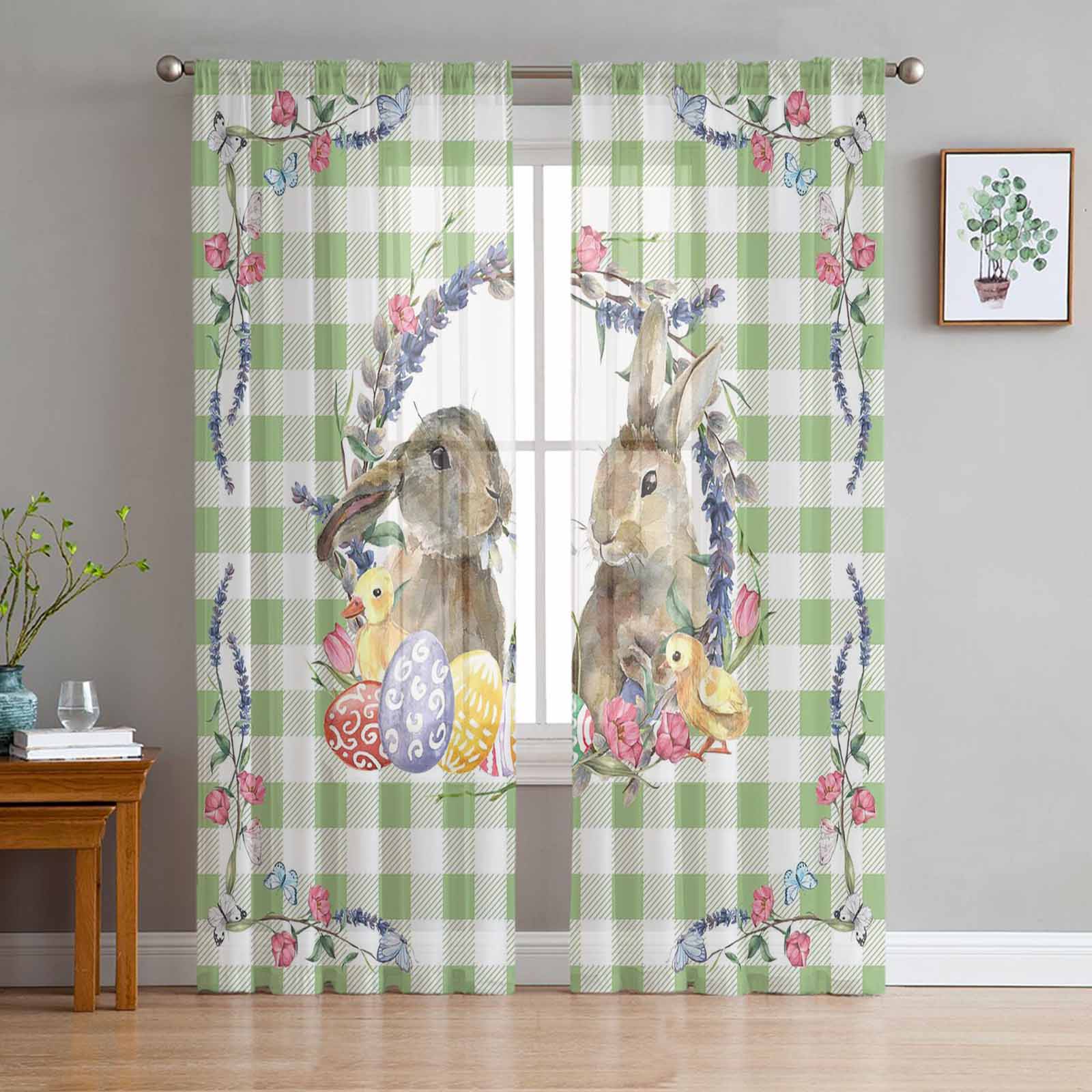 

Easter Retro Farm Style Bunny Sheer Curtains for Bedroom Living Room Festival Decor Cute Rabbit Kitchen Window Tulle Curtain 1 PCS W100XH250cm&Grommet Top