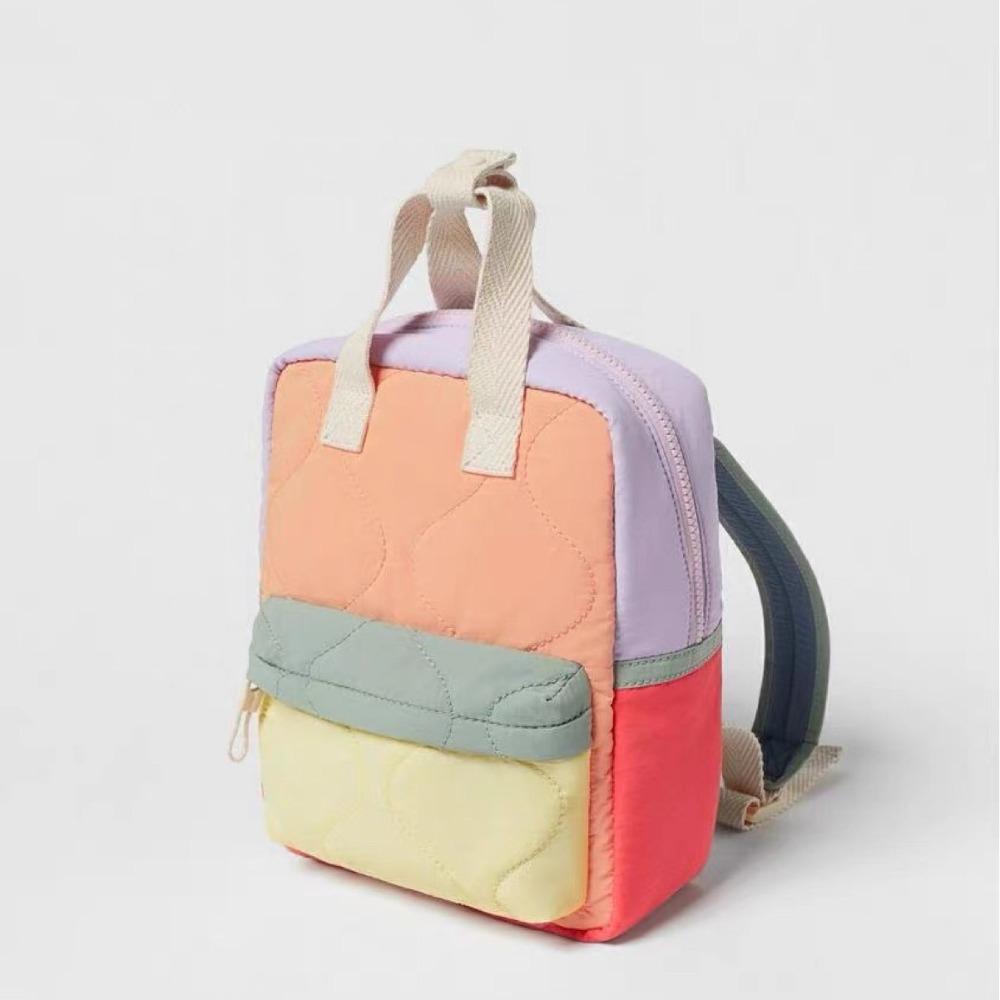 Color Block Backpack Orange Quilted Cute Small Kids Backpack School Bag For Outdoor Trip
