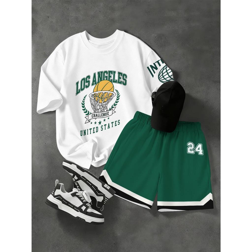 Fashionable basketball letter print pattern, spring and summer short sleeved T-shirt and shorts set