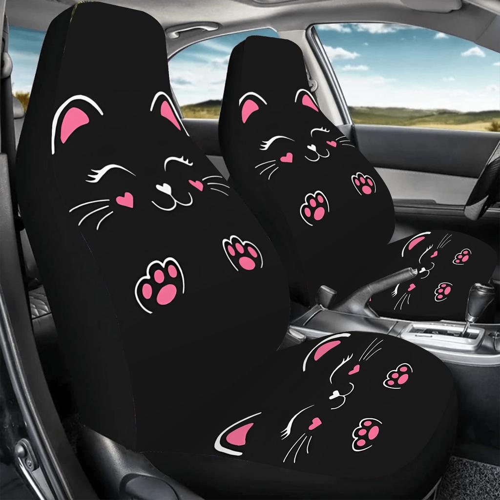 2pcs Cute Cat Print Car Seat Covers - Black with Pink & White Kitten Designs, Universal Fit for Car, SUV, Sedan, Truck