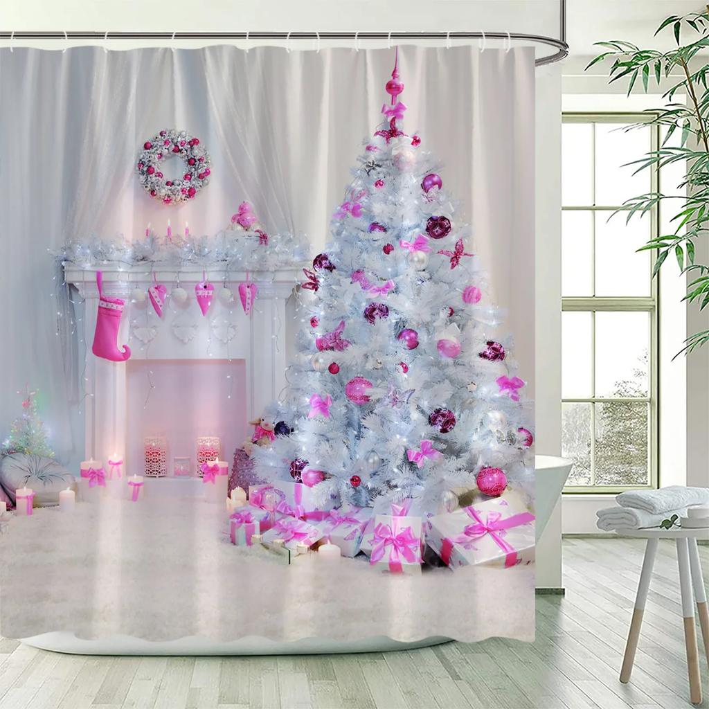 GAERed Santa Claus Christmas Shower Curtain White Snowflake Xmas Tree Gift New Year Home Bathroom Decor Bath Curtains With Hoo