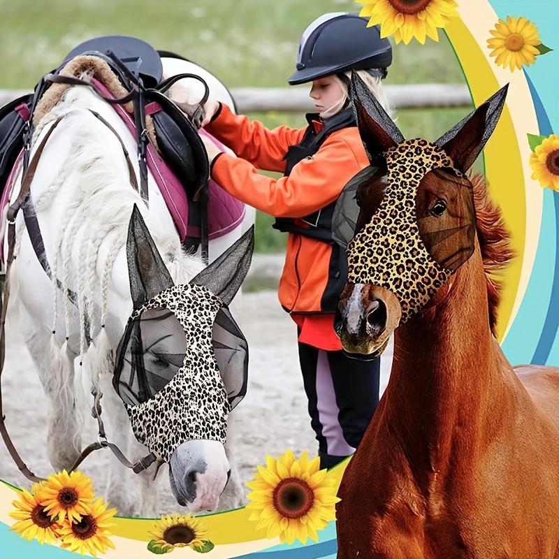 1pcs Leopard Print Horse Fly Masks with Ears - Comfortable, Elastic & Durable Riding Gear for Horses