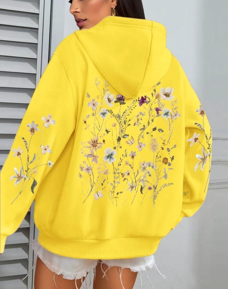 Damen Kapuzenpullover mit Blumen-Cluster-Print - Herbst Locker Lässig Fleece Pullover mit Taschen