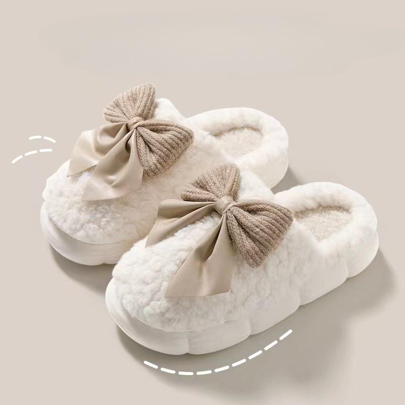 Winter Home Anti-Slip Warm Plush Bow Cotton Slippers