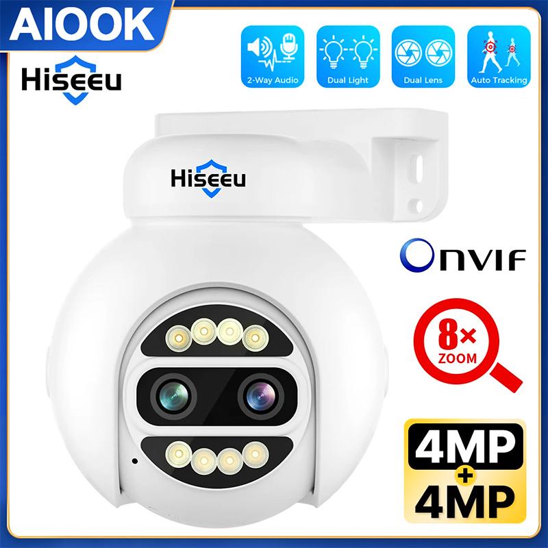 

AIOOK Hiseeu 4K камера с двумя объективами POE 4MP + 4MP 8MP HD 8X Zoom двустороннее аудио CCTV PTZ безопасность камеры видеонаблюдения ночного видения