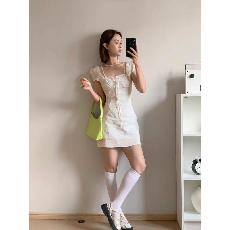 Heart Sweet Pear Super Nice Gentle Temperament Lace-up Short dress Fake Two Pieces Lace Edge Waist Hugging Slimming A Word Dress