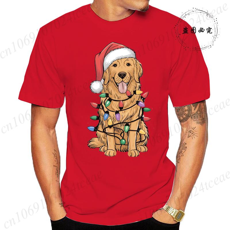 New Mens TShirts Christmas Golden Retriever Print TShirts Round Neck Short Sleeve Casual Tshirt Happy New Year Dog Shirts