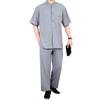 2Pcs/Set Men Suit Stand Collar Short Sleeve Single Breasted Shirt Elastic Waist Long Pants Set Solid Color Loose Fit Leisure Outfit