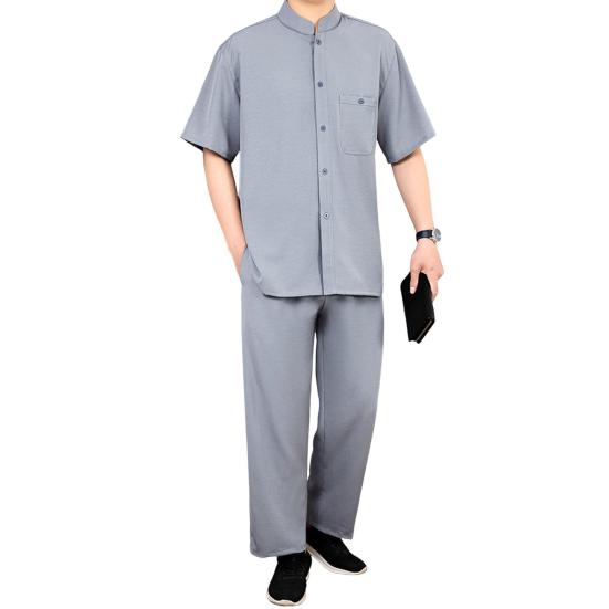 2Pcs/Set Men Suit Stand Collar Short Sleeve Single Breasted Shirt Elastic Waist Long Pants Set Solid Color Loose Fit Leisure Outfit