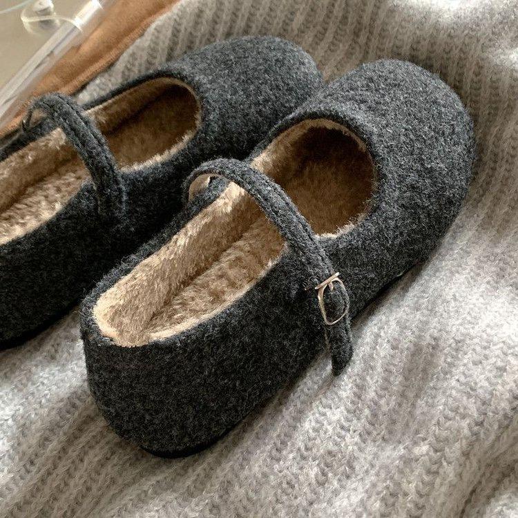 Wear Small Fragrant Wind Fluffy Shoes Female Flat Woolen Mary Jane Velvet Evening Wind Skirt Fairy Ballet Fluffy Shoes