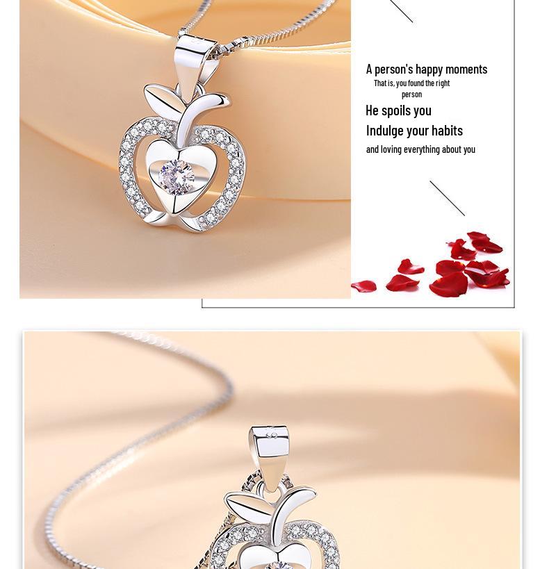 Korean Style Sterling Silver Apple Pendant with Diamonds - Fresh Fruit Christmas Jewelry