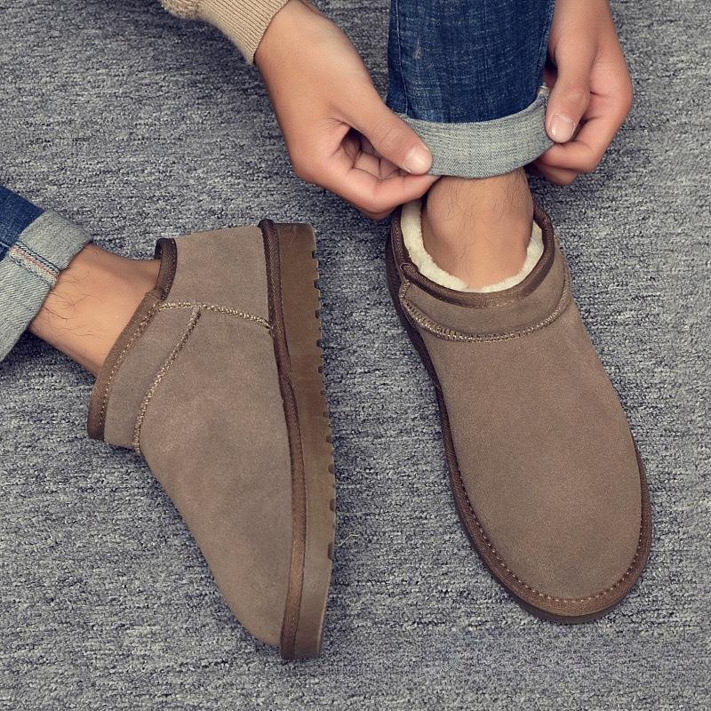 Winter Men's Platform Snow Boots Solid Color Indoor Slippers Cow Suede Leather Outdoor Comfy Sheep Fur Lined Short Ankle Boots