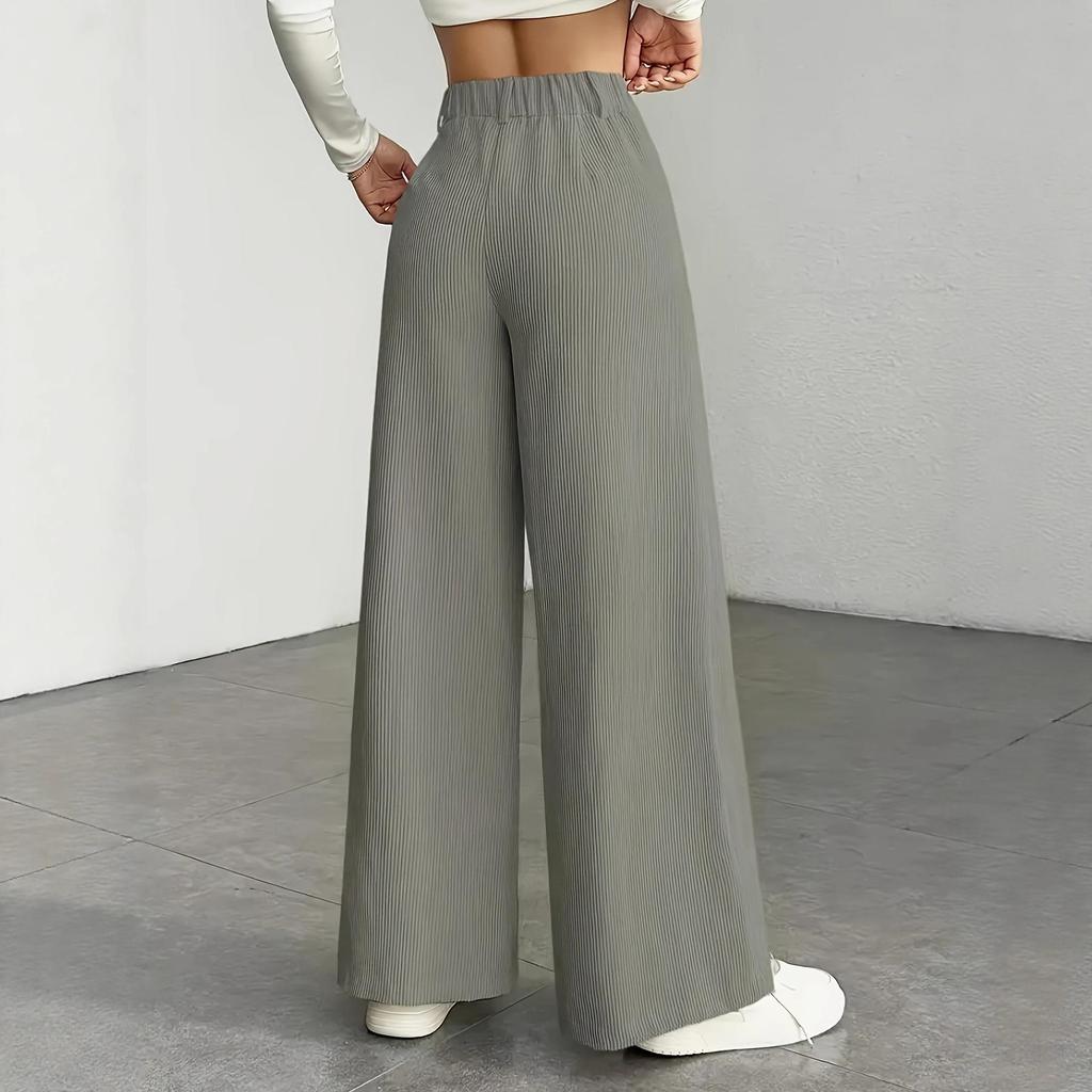 Pantaloni da Donna a Vita Alta a Gamba Larga, Pantaloni Casual Basici con Dettaglio Bottone, Grigio Uniforme
