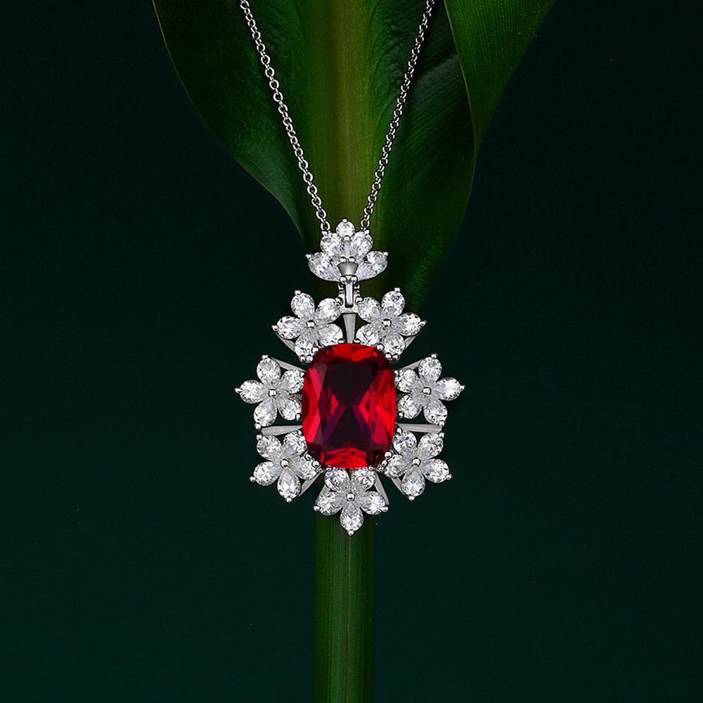 Tancise Jewelry Synthetic Ruby Silver Pendant 12 * 16 Flower Necklace 40 + 3