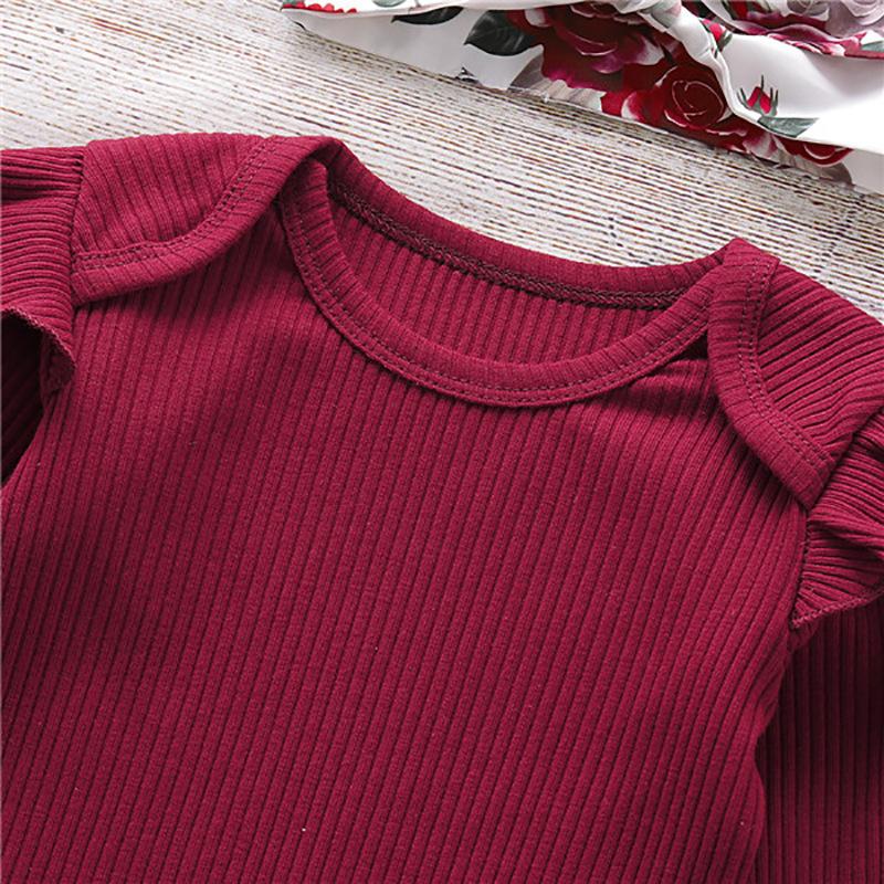 New Autumn Winter Baby Girls Ribbed Long Sleeve Floral Print Pants Headband 3 Piece Set Wine Red Infant Toddler Outfit
