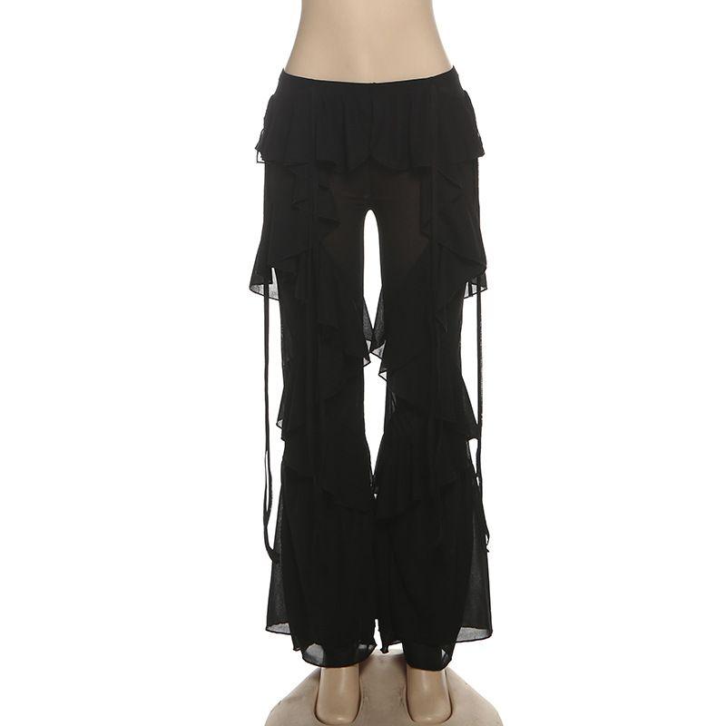 

Outfitgirl White Ruffles Bootcut Trousers Women s Summer High Waist Slimming Sense of Design Horseshoe Pants Casual Pants Black L