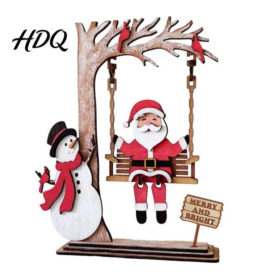 Decoración de Mesa Festiva de Escritorio 3D Madera Papá Noel Columpio Decoración de Mesa Muñeco de Nieve Adorno Navideño Escena Centro de Mesa Casa de Campo Interior Estante de Navidad